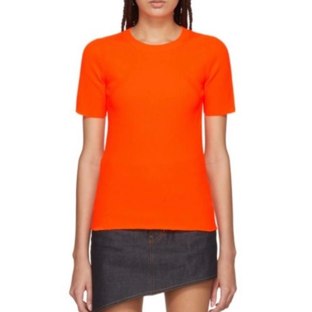HELMUT LANG Neon Orange Stripe Ribbed Knit Short Sleeve Tee Top Size S
